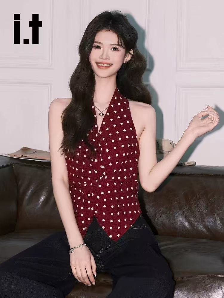 달콤한 매운맛 도트 무늬 빨간색 행침 목 조끼 여성 품격 항구 바람 허리 수축 작은 셔츠 민소매 맨위