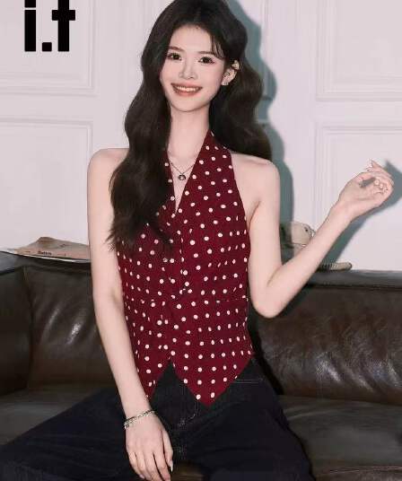 달콤한 매운맛 도트 무늬 빨간색 행침 목 조끼 여성 품격 항구 바람 허리 수축 작은 셔츠 민소매 맨위