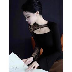 批发秋冬性感辣妹蕾丝拼接丝绒打底<b class='q'>衫</b>女内搭显瘦黑色<b class='q'>镂空</b>修身长袖上衣
