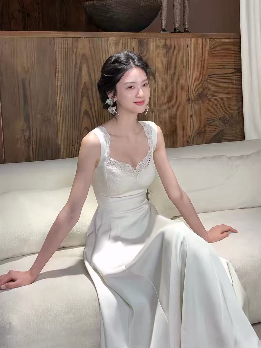 하나부터 순간 화이트 후아 우아함 품격 광장 칼라 레이스 레이스 슬립 드레스 스트랩 허리 수축 슬림해 보이는 치마