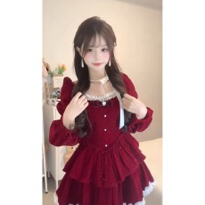 批发衣只小鹿原创女装重工蝴蝶结圣诞新年丝绒收腰秋冬生日裙约会裙子