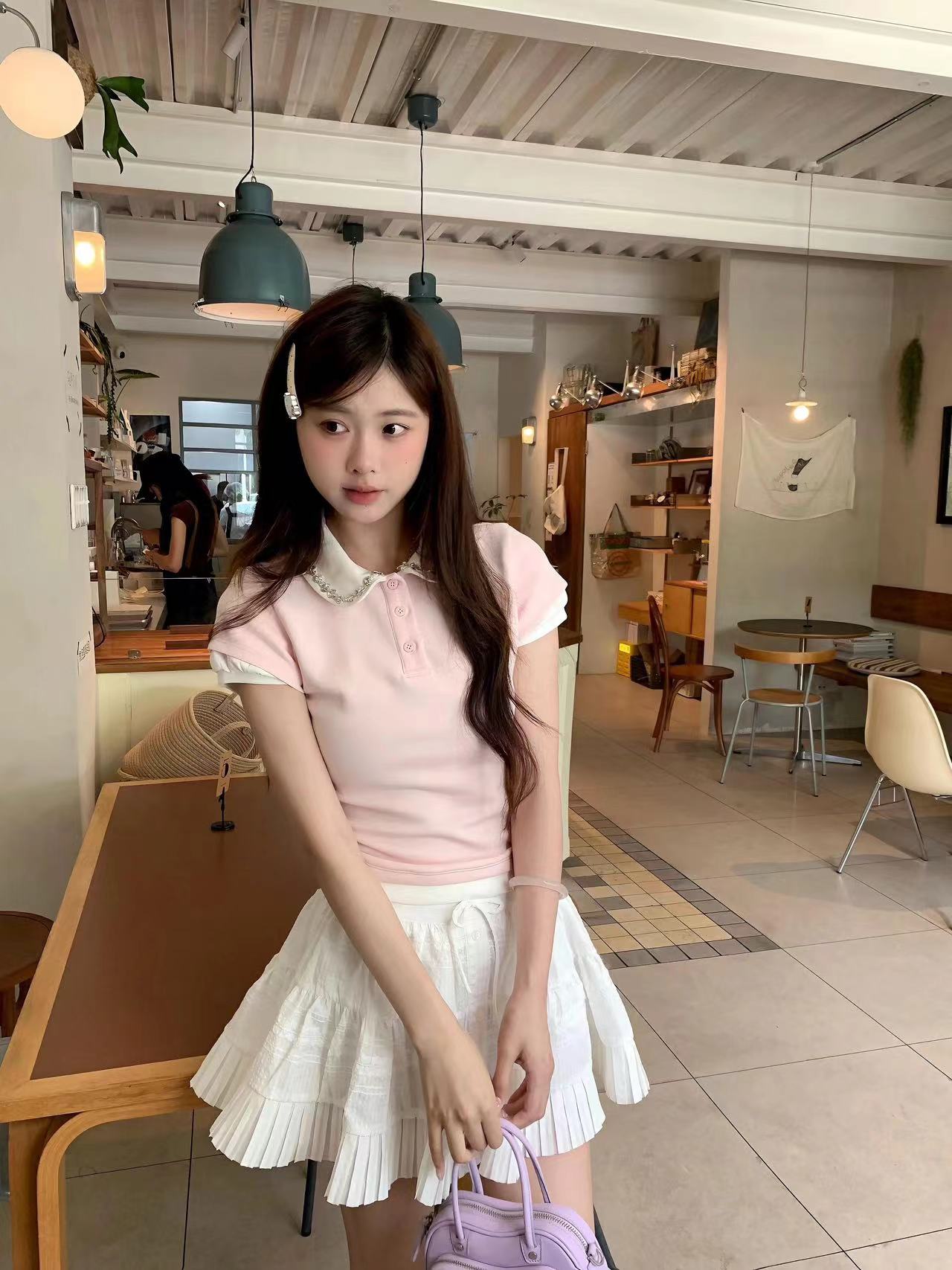 전체 집합 ootd 착용 가져 가라. 세트 여성 천 골드 miu 부서 POLO 칼라 스와로브스키 반팔 맨위 반신 스커트 투피스 세트