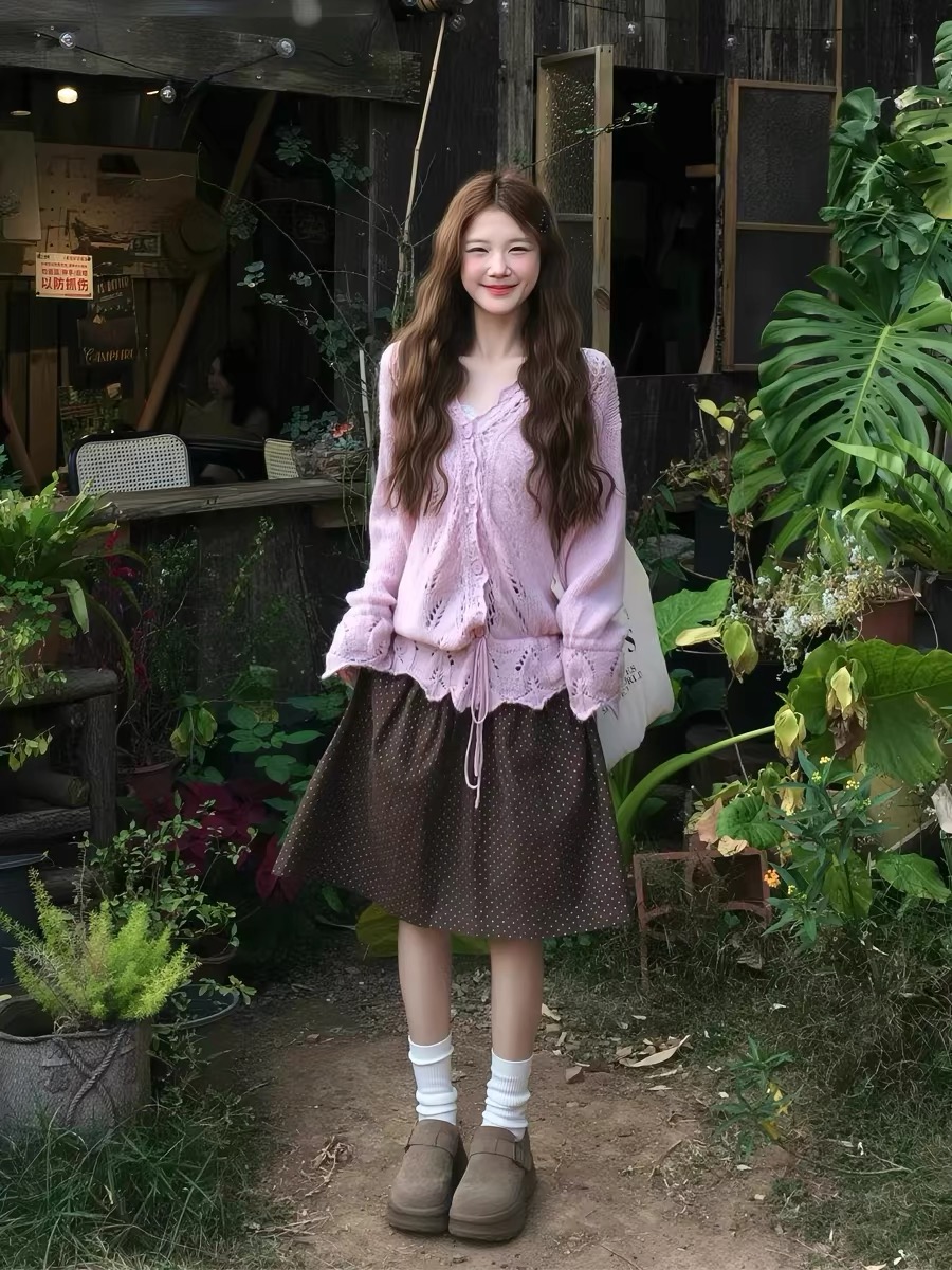 부드러운 펌프 로프 자수 스웨터 작은 셔츠 2026 봄 가을 새로운 느긋한 루즈핏 홀로우 아웃 니트 재킷 세트