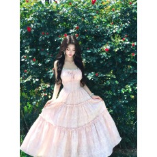 批发H2AN1 STUDIO丨定制樱花粉拼接花朵吊带<b class='q'>连衣裙</b>法式无袖度假长<b class='q'>裙</b>