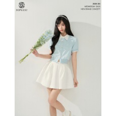 批发POPWEST丨夏日撞色拼接假两件短袖<b class='q'>卫衣</b><b class='q'>开衫</b>上衣外套蓬蓬半裙套装