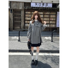 批发啦啦酱 奈绪子 原创复古日系连帽灰色毛呢大衣秋冬学院风中短外套