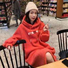 批发【300克仿羊羔绒】官图宽松大码加厚长款过膝连帽卫衣<b class='q'>连衣裙</b>