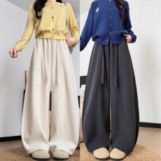 批发大码M-6XL复古咖色灯芯绒裤子女春秋薄款高腰小众中线弯刀阔腿裤