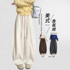 批发大码M-6XL咖色美拉德灯芯绒弯刀裤女春秋薄款抽绳设计感阔腿裤子