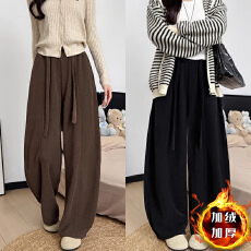 批发大码M-6XL美拉德咖色灯芯绒弯刀裤女秋冬加绒加厚抽绳百搭保暖裤