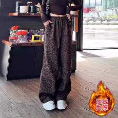 批发大码M-6XL欧洲站辣妹豹纹阔腿裤女秋冬加绒加厚高腰宽松小众长裤