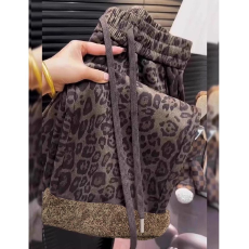 批发大码M-6XL欧洲站辣妹豹纹阔腿裤女秋冬加绒加厚高腰宽松小众长裤