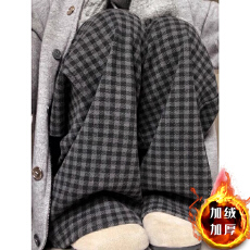 批发大码M-6XL美式复古毛呢格子裤女秋冬加绒加厚小众松弛感阔腿裤ins