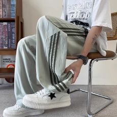 批发大码M-6XL条纹冰丝<b class='q'>裤子</b>男女春夏薄款宽松直筒阔腿裤休闲运动长裤