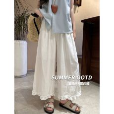 批发大码M-6XL韩系温柔风阔腿裤女夏季款垂感木耳边休闲裤宽松九分裤