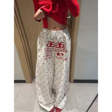 批发S-6XL高密度绣花美式星星满印刺绣字母弯刀裤女夏跳舞宽松阔腿裤