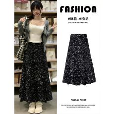 批发S-6XL黑色碎花半身裙女夏季高腰显瘦a字裙慵懒风小个子大摆伞裙子