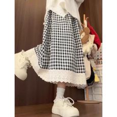批发S-6XL原版麻面格子蕾丝花边半身裙女夏季百搭高腰显瘦中长款a字裙