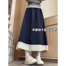 批发S-6XL原版麻面格子美式复古文艺格子蕾丝半身裙女夏季高腰a字长裙