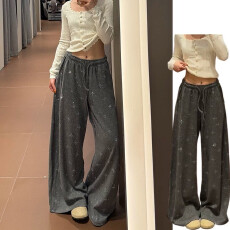 批发M-6XL韩系垂感灰色糯米裤女春秋款慵懒风高腰抽绳显瘦烫钻阔腿裤