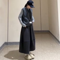 批发M-6XL深灰色A字裙显瘦花苞裙女春秋薄款小个子百搭舒适毛呢半身裙