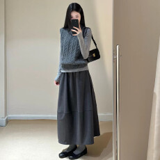 批发M-6XL韩版深灰色花苞裙女春秋薄款巨显瘦灰色a字伞裙超好看半身裙