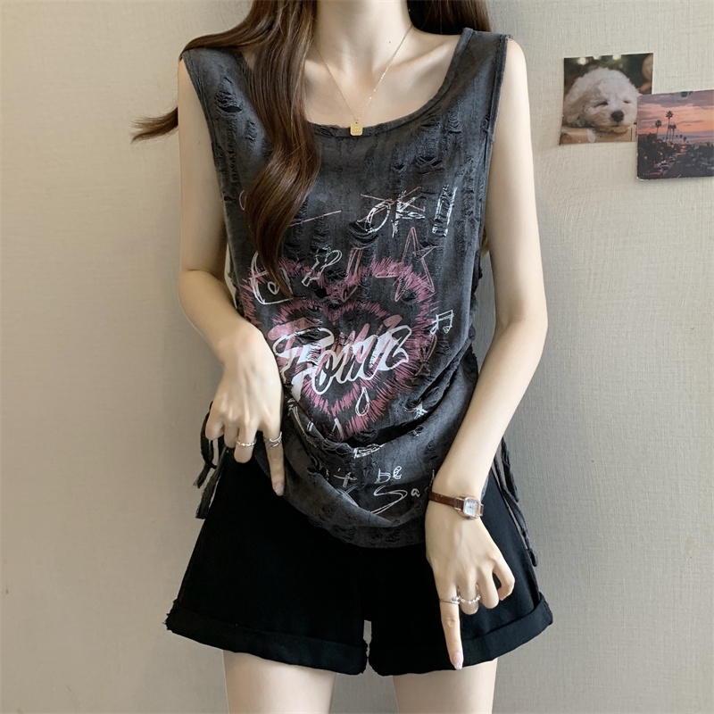 FA36084# 大码胖MM美式复古爱心字母印花背心抽绳无袖上衣  服裝批發女裝批發服飾貨源
