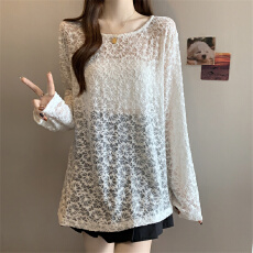 批发实拍 大码胖MM 设计感镂空长袖蕾丝网纱T恤洋气百搭上衣