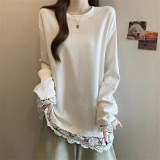 批发实拍 大码胖MM 设计感蕾丝拼接T恤洋气百搭遮肉上衣