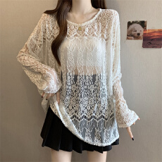 批发实拍 大码胖MM 设计感镂空蕾丝长袖打底罩衫洋气百搭上衣