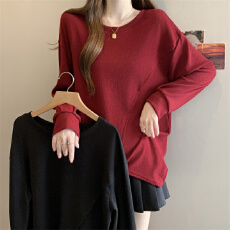 批发实拍 大码胖MM 设计感不规则长袖T恤洋气百搭遮肉上衣