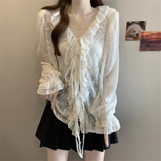 批发实拍 大码胖MM 设计感小众V领荷叶边系带衬衫洋气百搭上衣