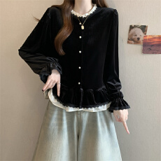 批发实拍 大码胖MM 法式复古蕾丝拼接丝绒衬衫高级感上衣