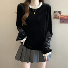 批发实拍 大码胖MM 法式复古黑色丝绒衬衫高级感洋气小杉上衣