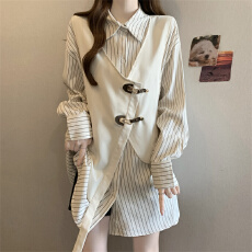 批发实拍 大码胖MM 设计感撞色拼接假两条纹<b class='q'>衬衫</b>洋气百搭上衣