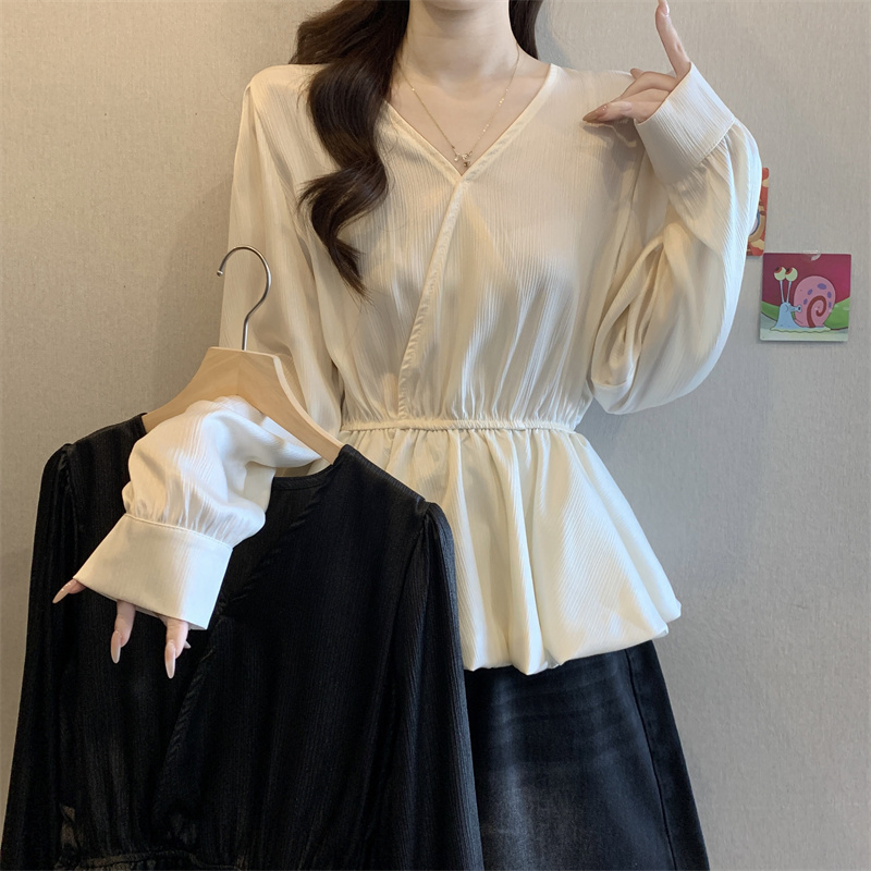 실사 빅 사이즈 지방 mm 프랑스식 레트로 V 넥 셔츠 고급 센스 Chic 허리 수축 맨위