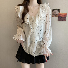 批发实拍  大码胖MM  法式复古V领荷叶边衬衫设计感小众上衣