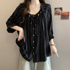 批发实拍  大码胖MM  设计感条纹波点衬衫洋气百搭七分袖上衣