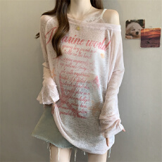 批发实拍 大码胖MM 美式复古字母印花斜肩长袖T恤<b class='q'>罩衫</b>防晒上衣