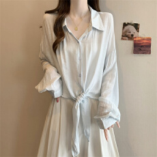 批发实拍 <b class='q'>大码</b>胖MM 设计感不规则绑带防晒衬衫洋气百搭上衣