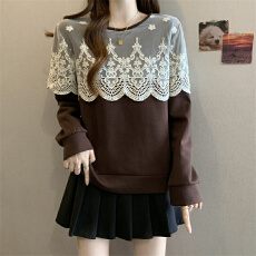 批发<b class='q'>实拍</b> <b class='q'>大码</b>胖MM 法式复古蕾丝拼接假两件设计感卫衣百搭上衣