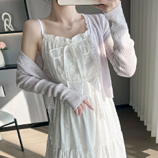 批发实拍2026春夏季温柔系穿搭白色绣花蝴蝶结吊带裙<b class='q'>连衣裙</b>+针织开衫