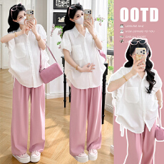 批发实拍~现<b class='q'>孕妇</b><b class='q'>夏季</b><b class='q'>短袖</b>衬衫娃娃衫+柔软休闲显瘦长裤套装