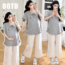 批发实拍现 2026孕妇夏季外穿休闲感宽松<b class='q'>百搭</b>上衣+花边直筒九分裤套装
