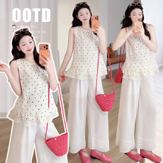 批发实拍~孕妇<b class='q'>装</b><b class='q'>韩版</b>双层蕾丝花边波点上衣+阔腿<b class='q'>裤</b><b class='q'>套装</b>