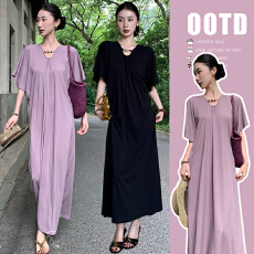 批发现~2026孕妇凉感针织<b class='q'>连衣裙</b>女夏<b class='q'>蝙蝠</b>袖收腰慵懒宽松长裙