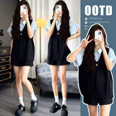 批发孕妇<b class='q'>夏</b>装套装2026新款泡泡袖衬衣背带上衣+短裤三件套