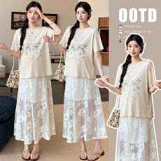 批发实拍现重工印花短袖T恤女圆领<b class='q'>休闲</b>半袖上衣+半身裙两件套孕妇套装