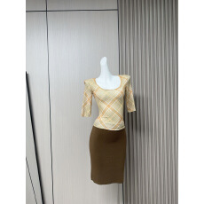 批发Fri11 花边微透格纹网纱修身大U领<b class='q'>中袖</b>上衣