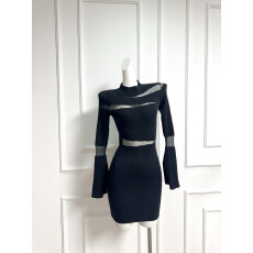 批发FAY极浪漫小众设计感镂空<b class='q'>欧根纱</b>性感针织秋季包臀<b class='q'>连衣裙</b>